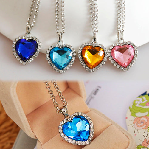 Charming Jewelery Accessories Titanic Heart Of Ocean Crystal Rhinestone Inlaid Heart Shaped Pendant Necklace NL-0485