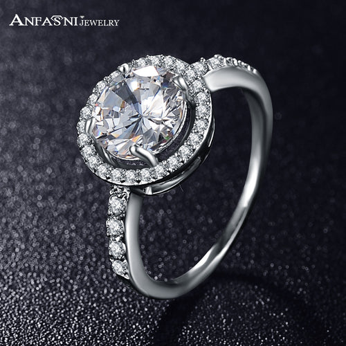 ANFASNI Women Wedding Ring Silver Color 2ct Hearts & Arrows Cut Round AAA Cubic Zircon Rings Jewelery CRI0001-B